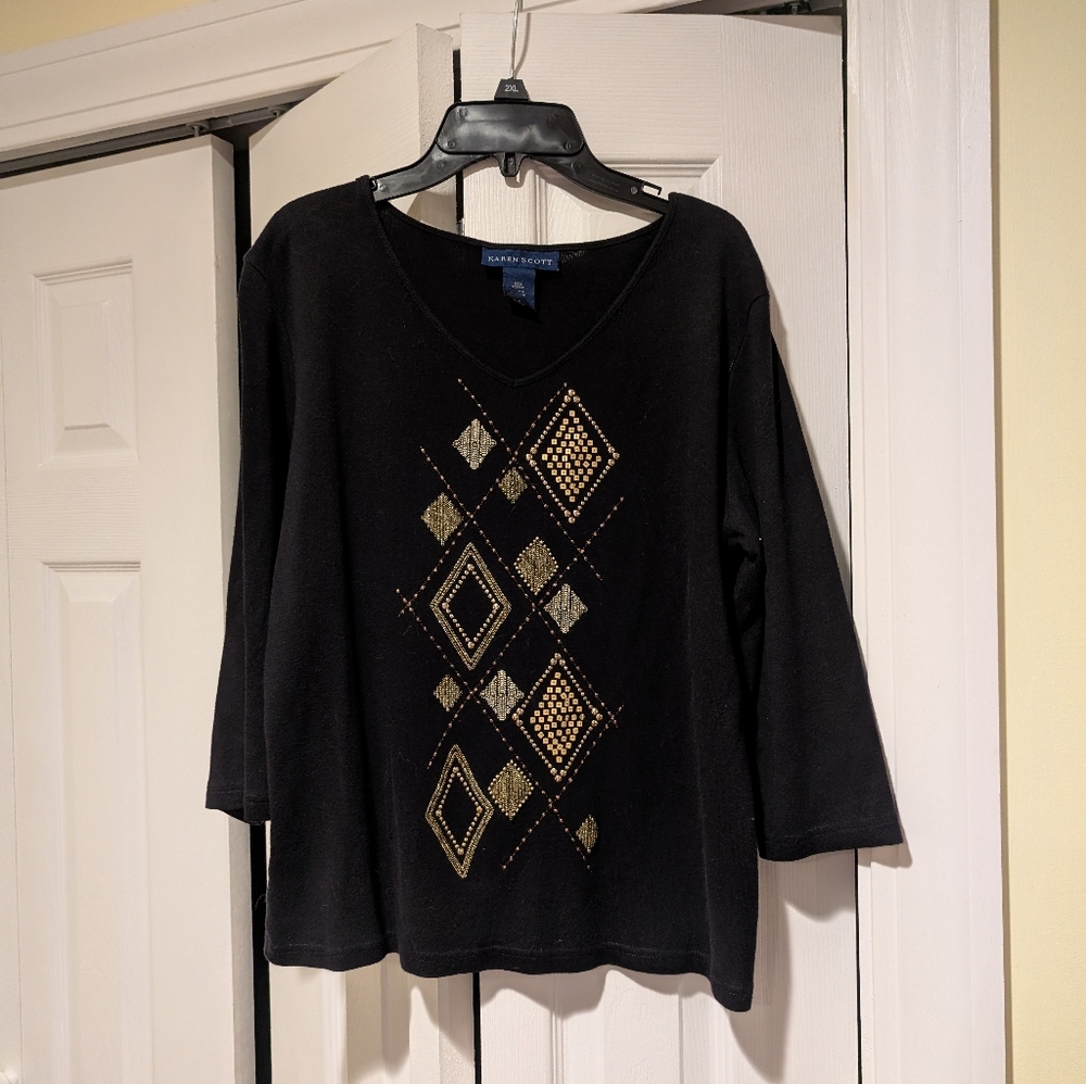 Karen Scott Black Top with Gold and Silver Accents - Size M